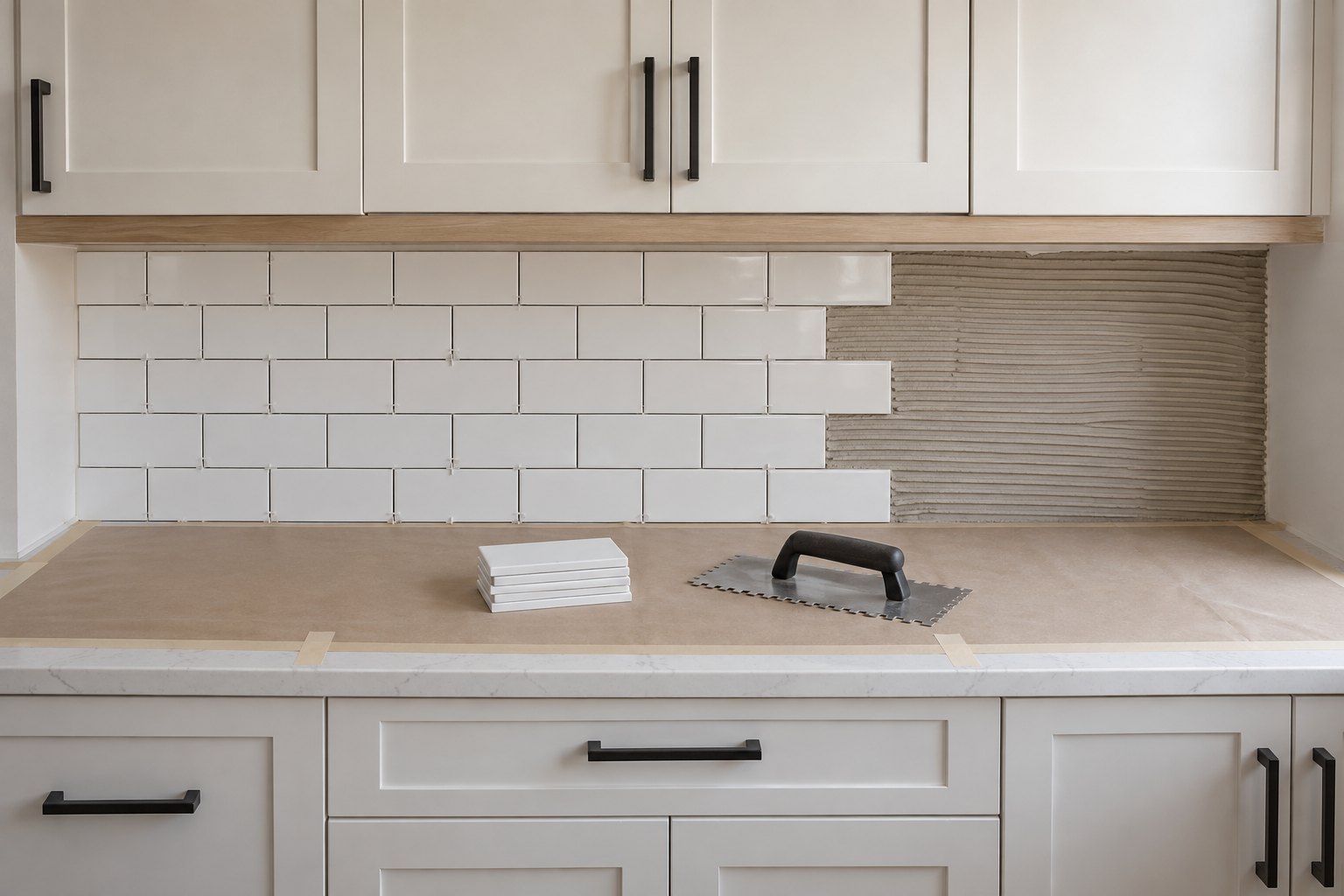 AI-generated illustration of a backsplash installation in progress with white tiles, spacers and a protected countertop.