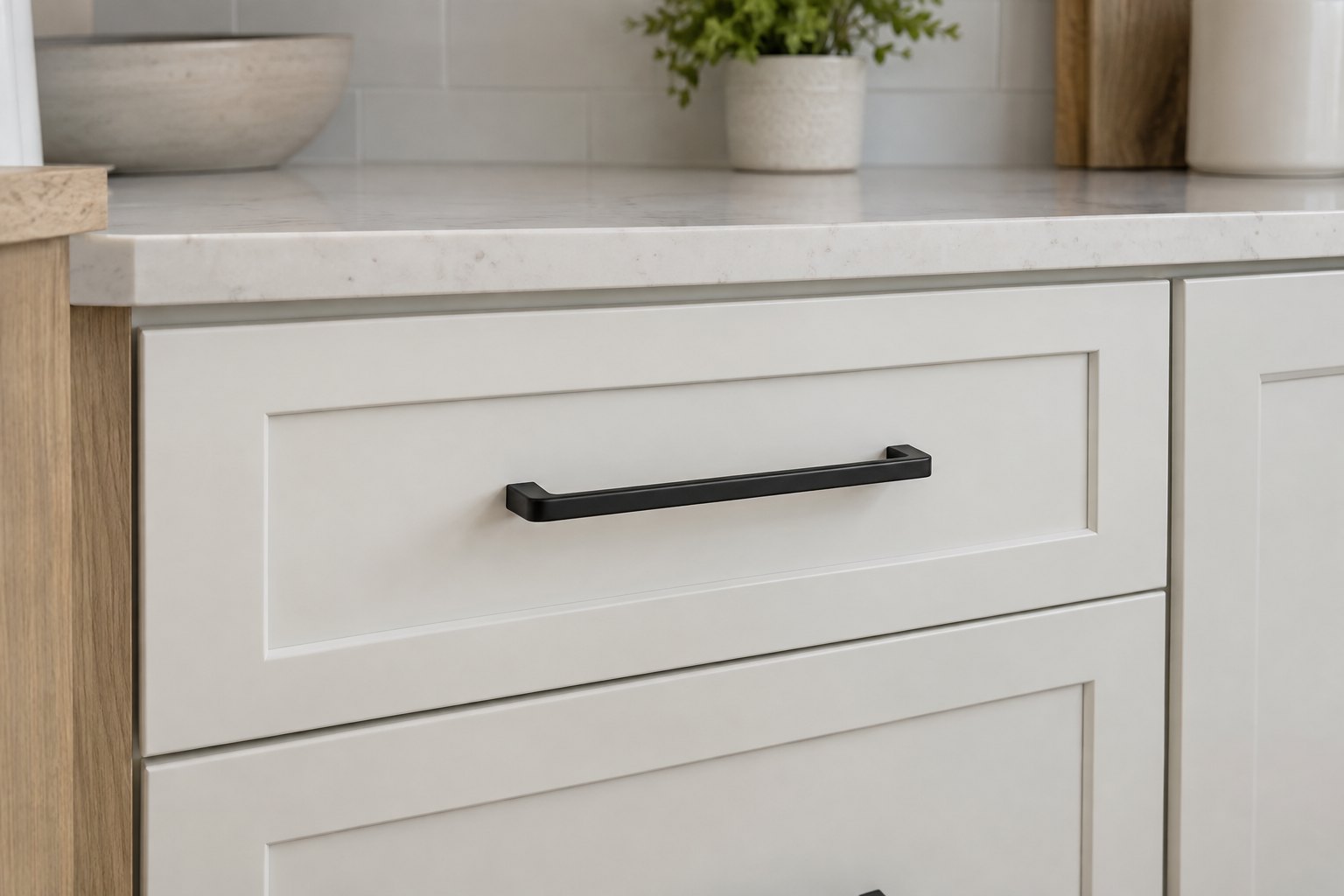AI-generated illustration of a matte black bar pull on a warm white shaker drawer beneath a quartz countertop.