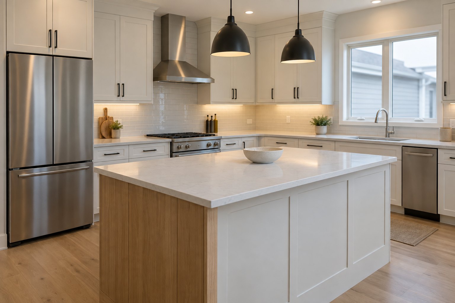AI-generated illustration of a kitchen with a white quartz island, warm white cabinets and oak accents.