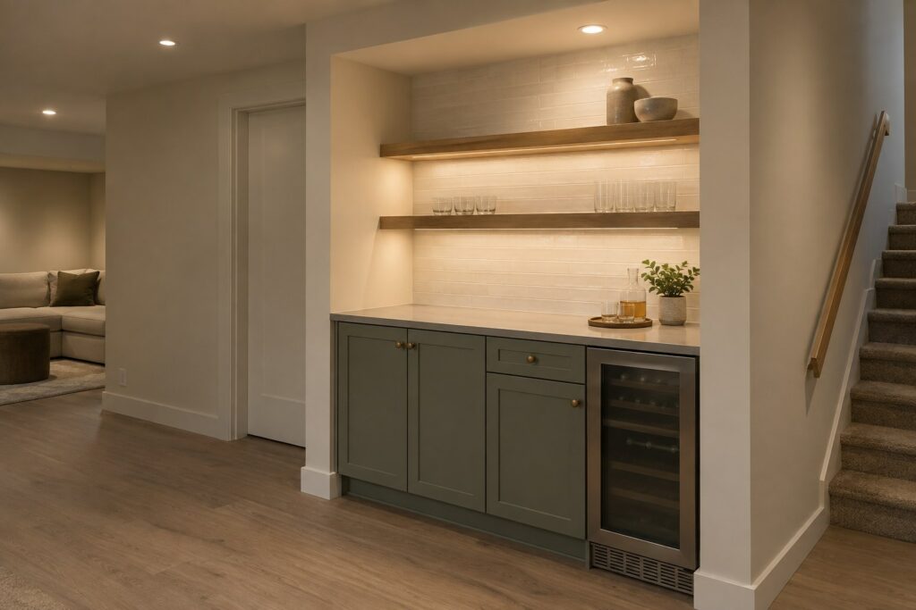 Illustrative basement dry bar with base cabinets, a counter, a simple backsplash and open shelving