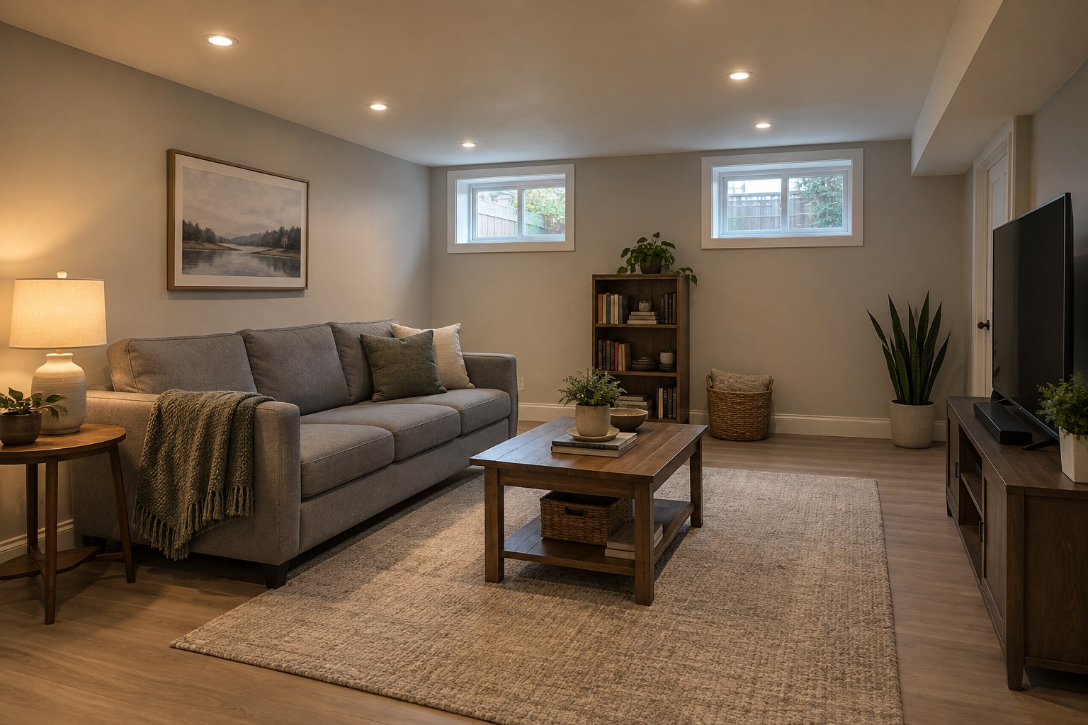Illustrative finished basement family room Illustrative finished basement family room with recessed pot lights, painted drywall, a sofa and small high-set windows