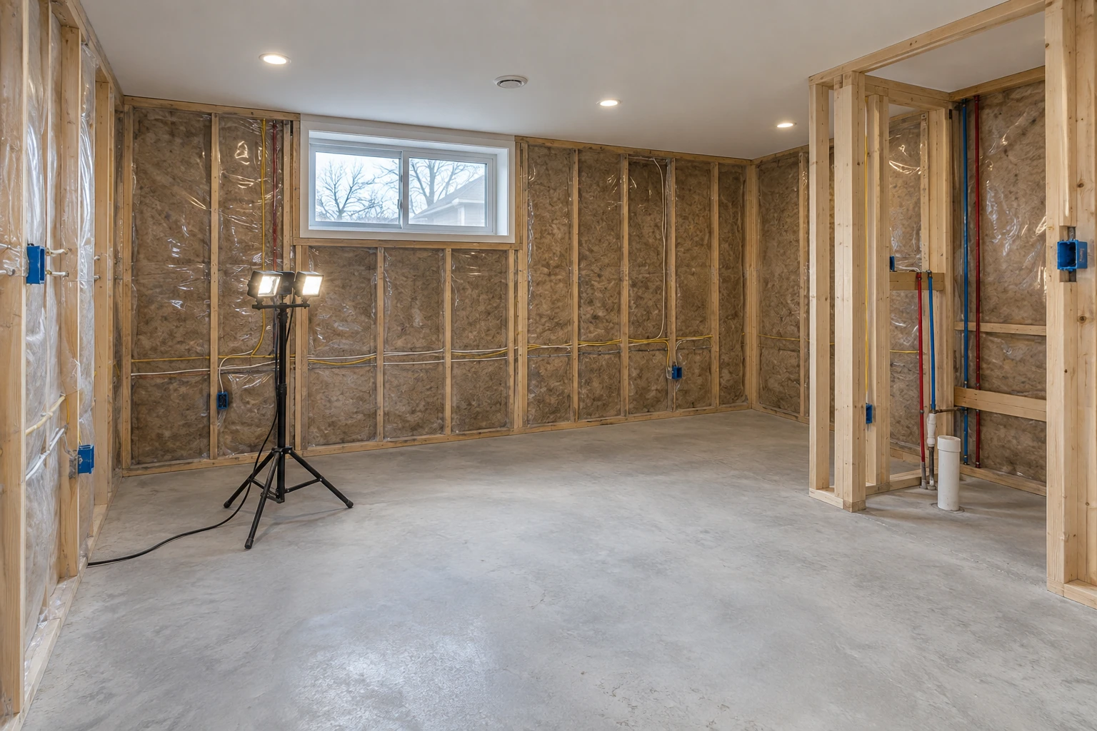 AI-generated illustration of a basement during electrical and plumbing rough-in, with insulated walls, electrical boxes and a bathroom drain.