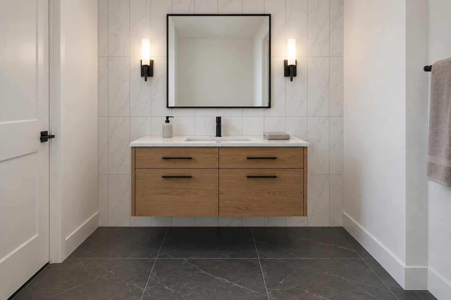 Floating oak bathroom vanity design concept with a white quartz countertop, undermount basin and matte black fixtures