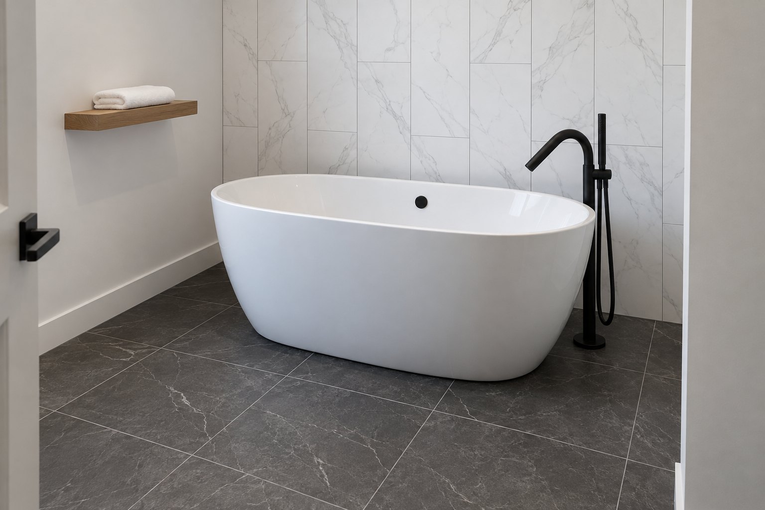 Freestanding white soaking tub design concept with a matte black floor mounted filler, white marble-look wall tile and a dark charcoal tiled floor