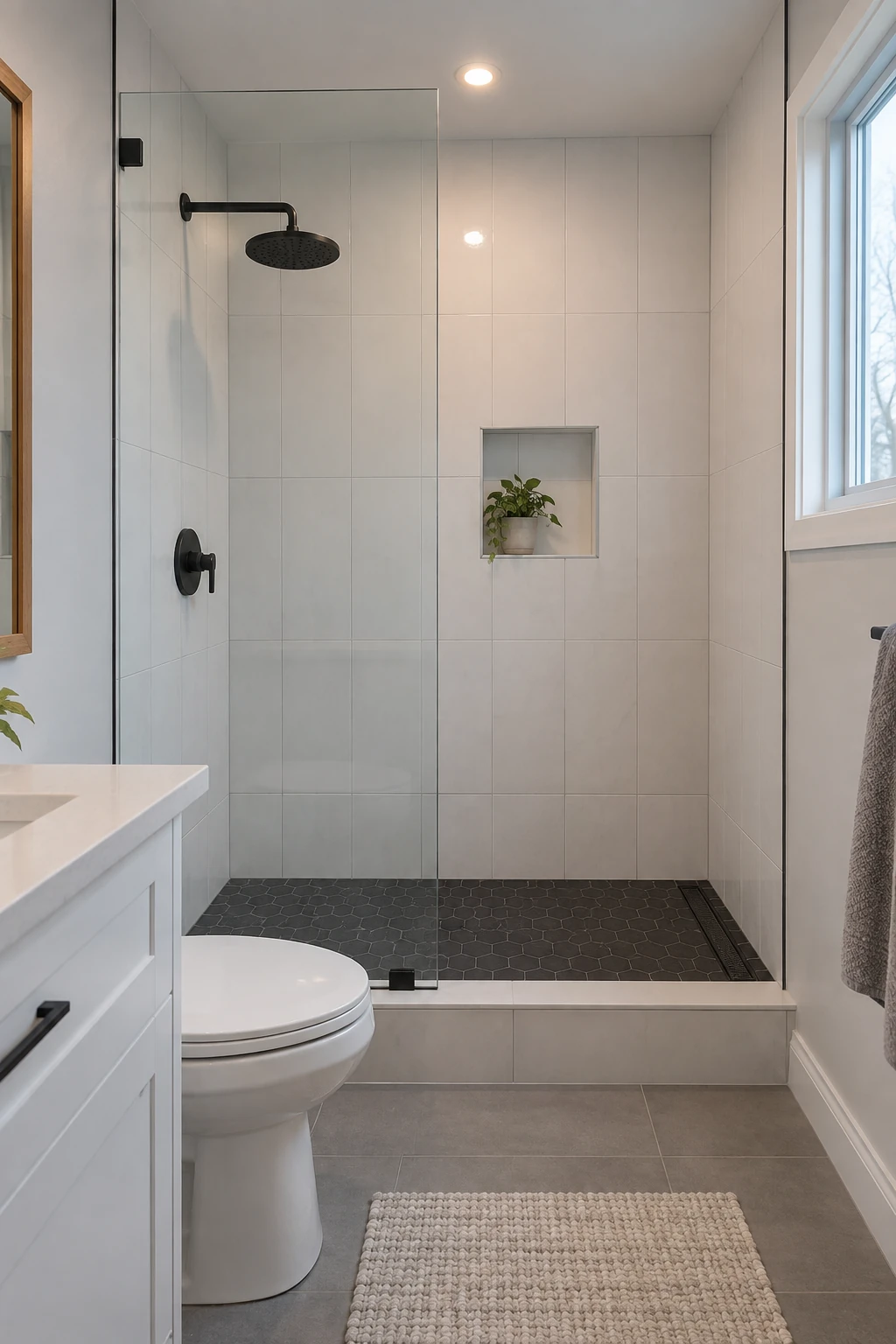 AI-generated illustration of a former tub alcove converted into a walk-in shower with white tile, a niche and a black shower valve.