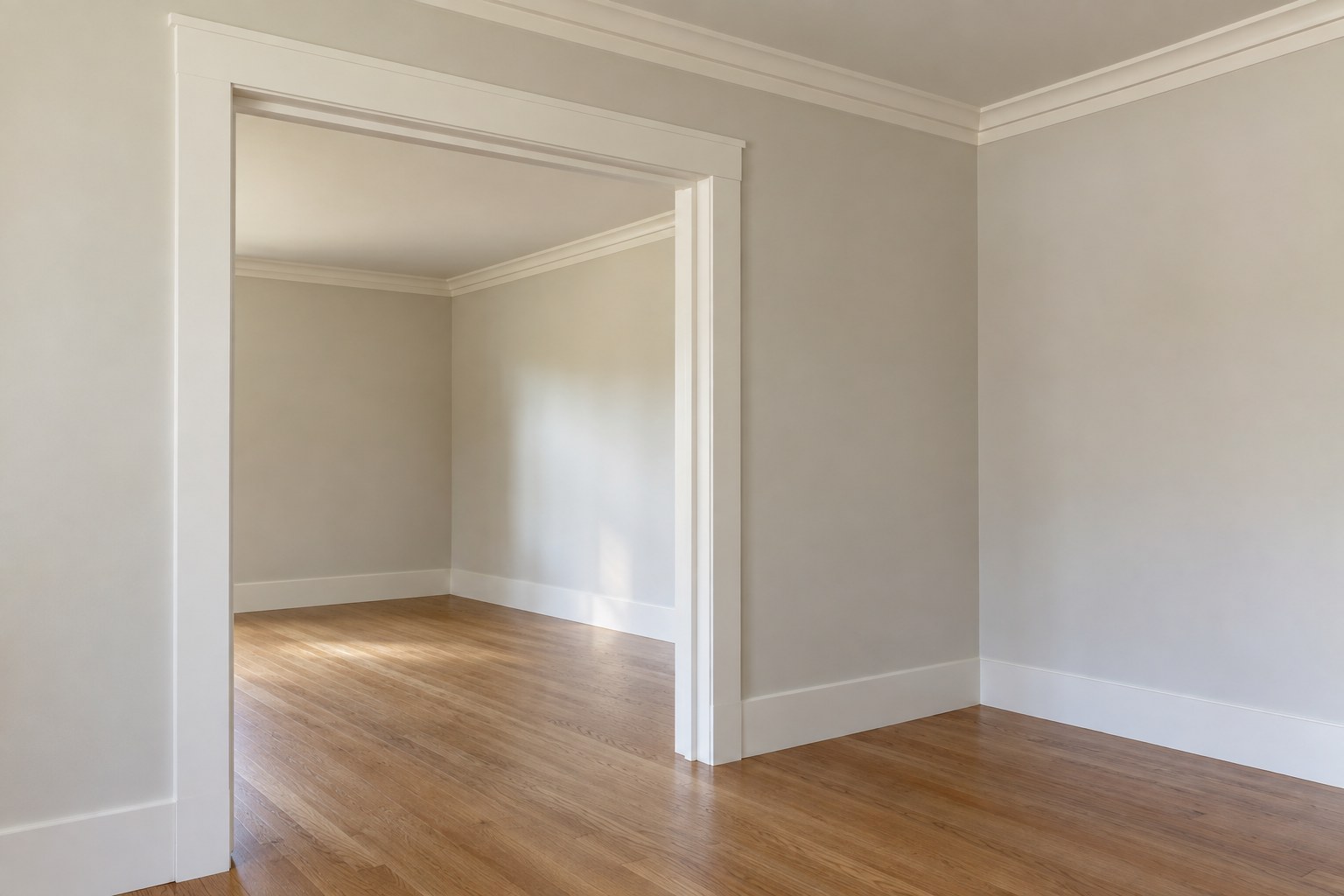 Interior trim detail, a cased opening with baseboard and crown moulding