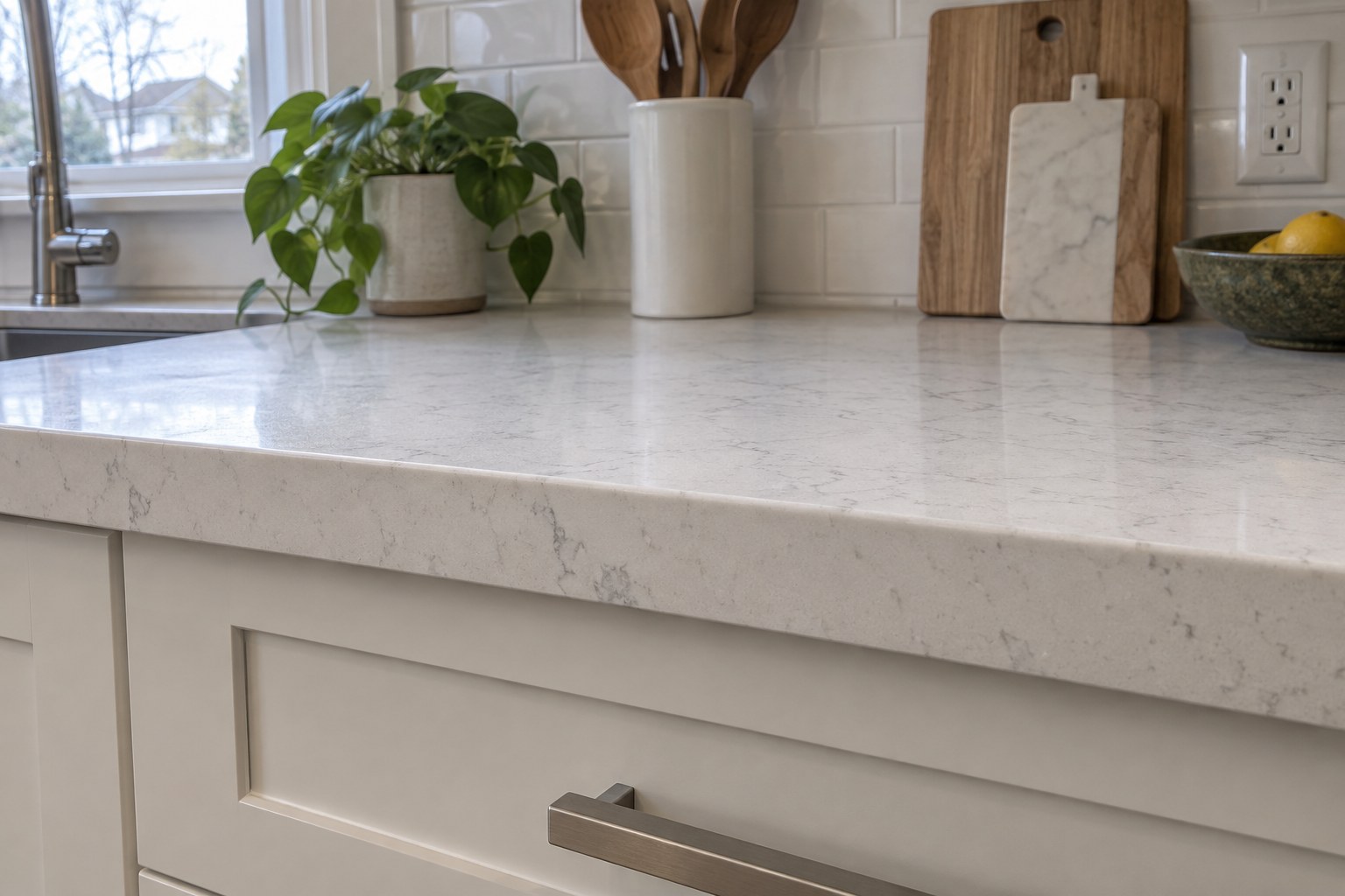 Eased square edge profile on a white quartz countertop above a cabinet front