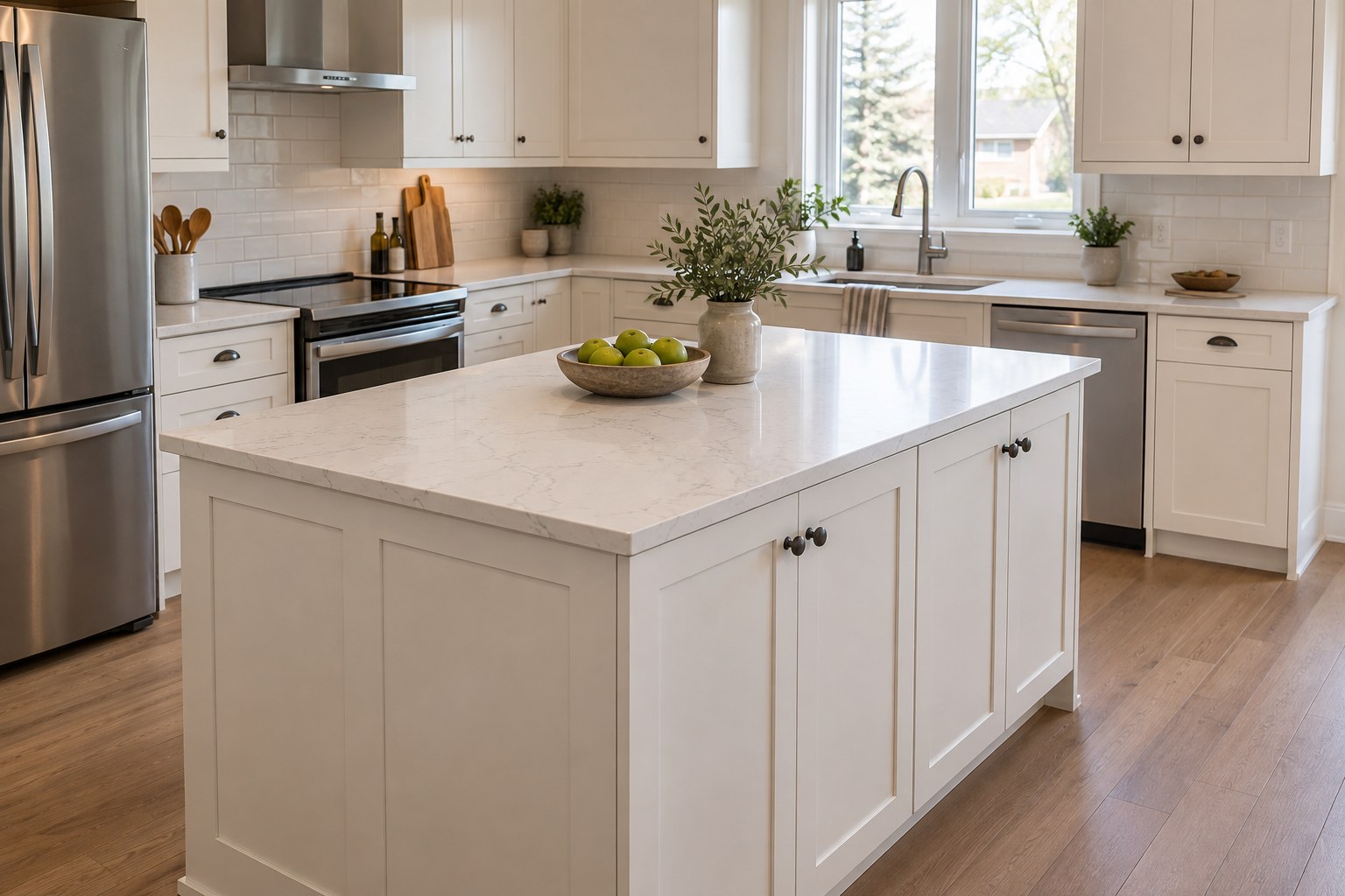 White quartz countertop on a kitchen island in a residential kitchen