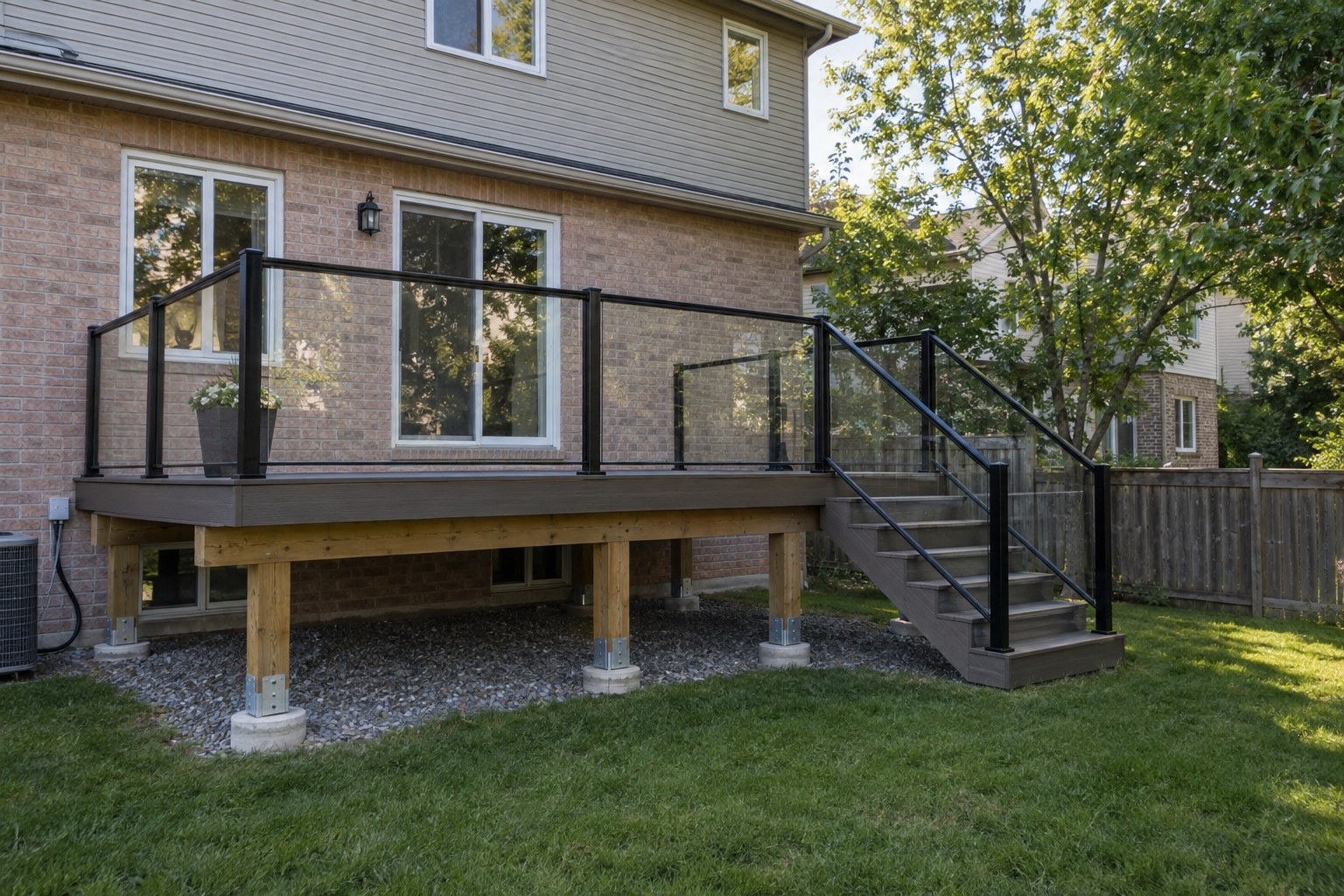 Illustrative composite deck with black aluminium and glass panel railing
