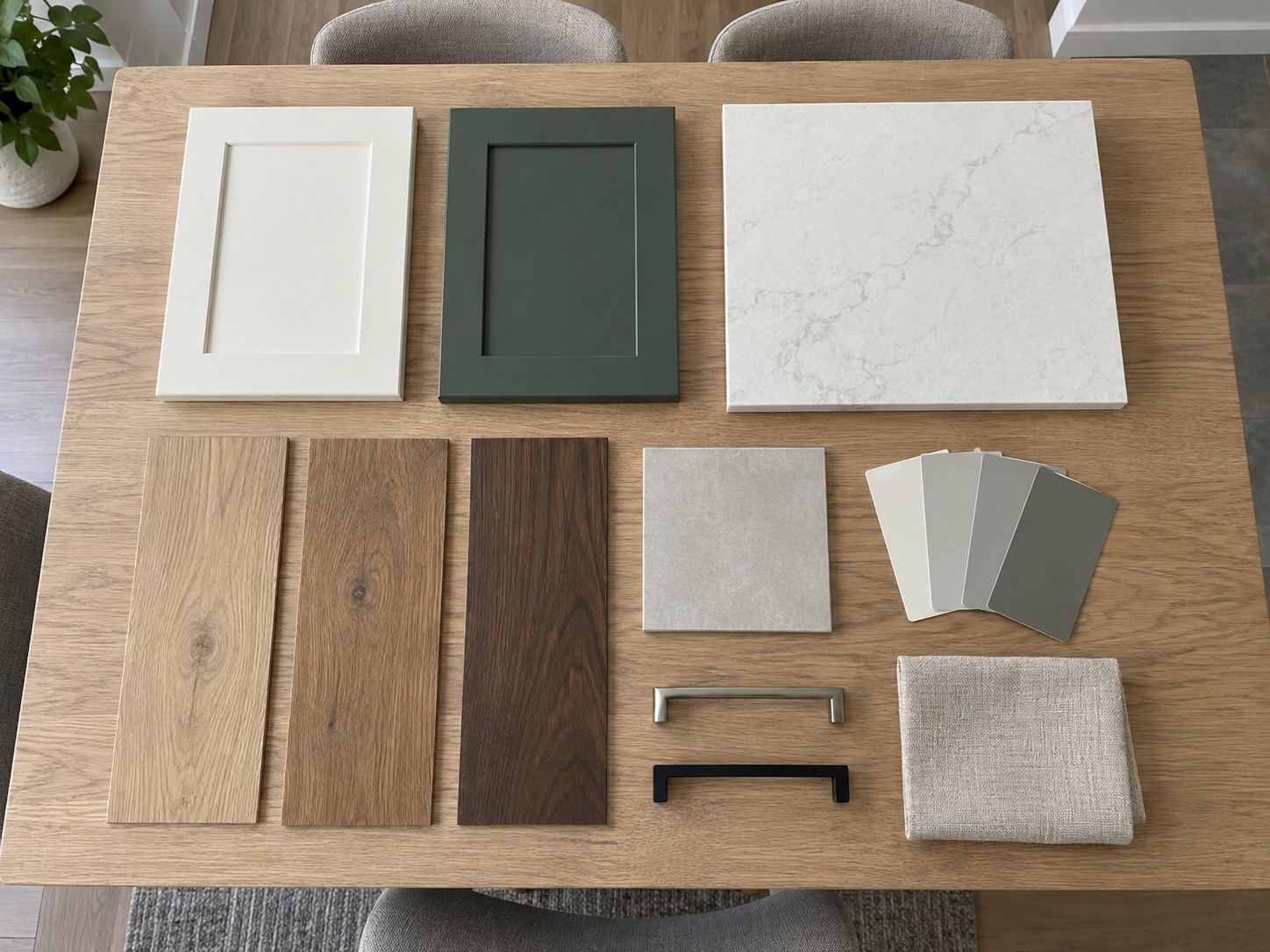 Renovation finish samples laid out on a table: quartz, cabinet doors, flooring planks, tile, paint chips, cabinet pulls and a fabric swatch
