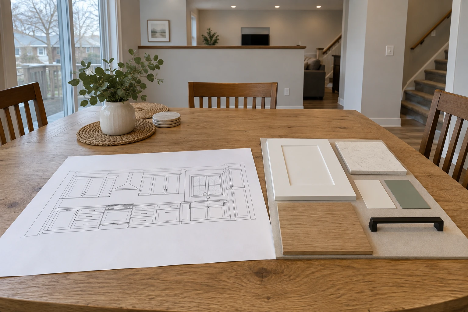 AI-generated illustration of an interior elevation drawing with cabinet, countertop, paint and flooring samples on a dining table.