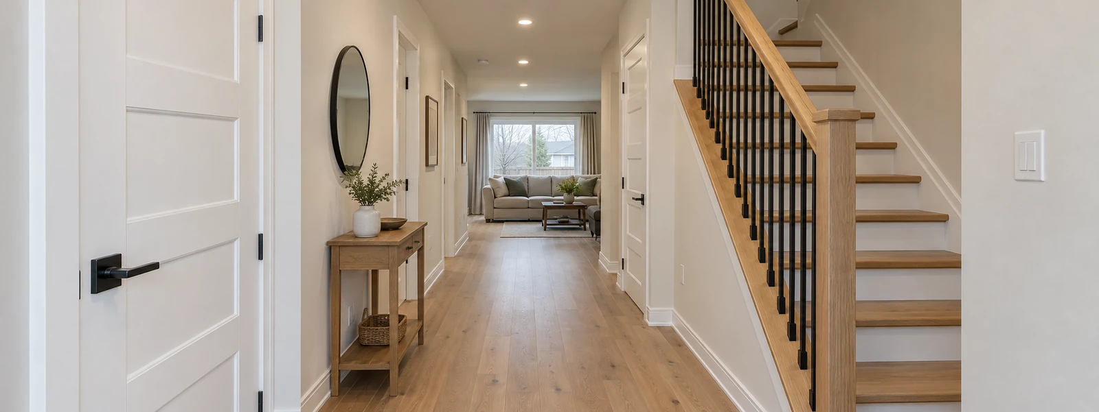 AI-generated illustration of a refreshed hallway with white panel doors, an oak floor and a staircase with black spindles.