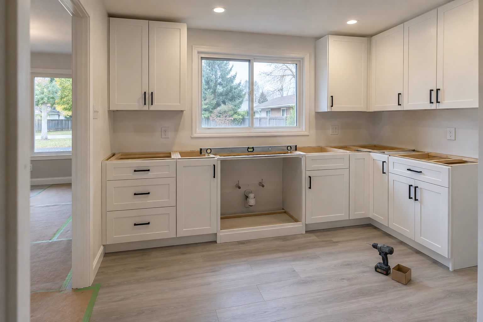 AI-generated illustration of white shaker kitchen cabinets being installed before the countertop goes on.