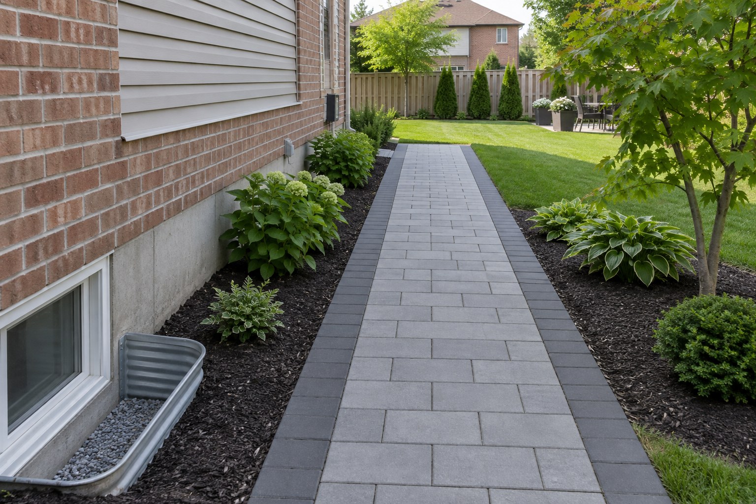 Illustrative interlock paver walkway with mulch beds and shrubs