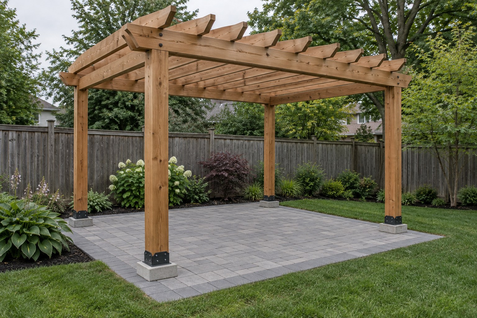 Illustrative cedar pergola over a paver patio with planting beds