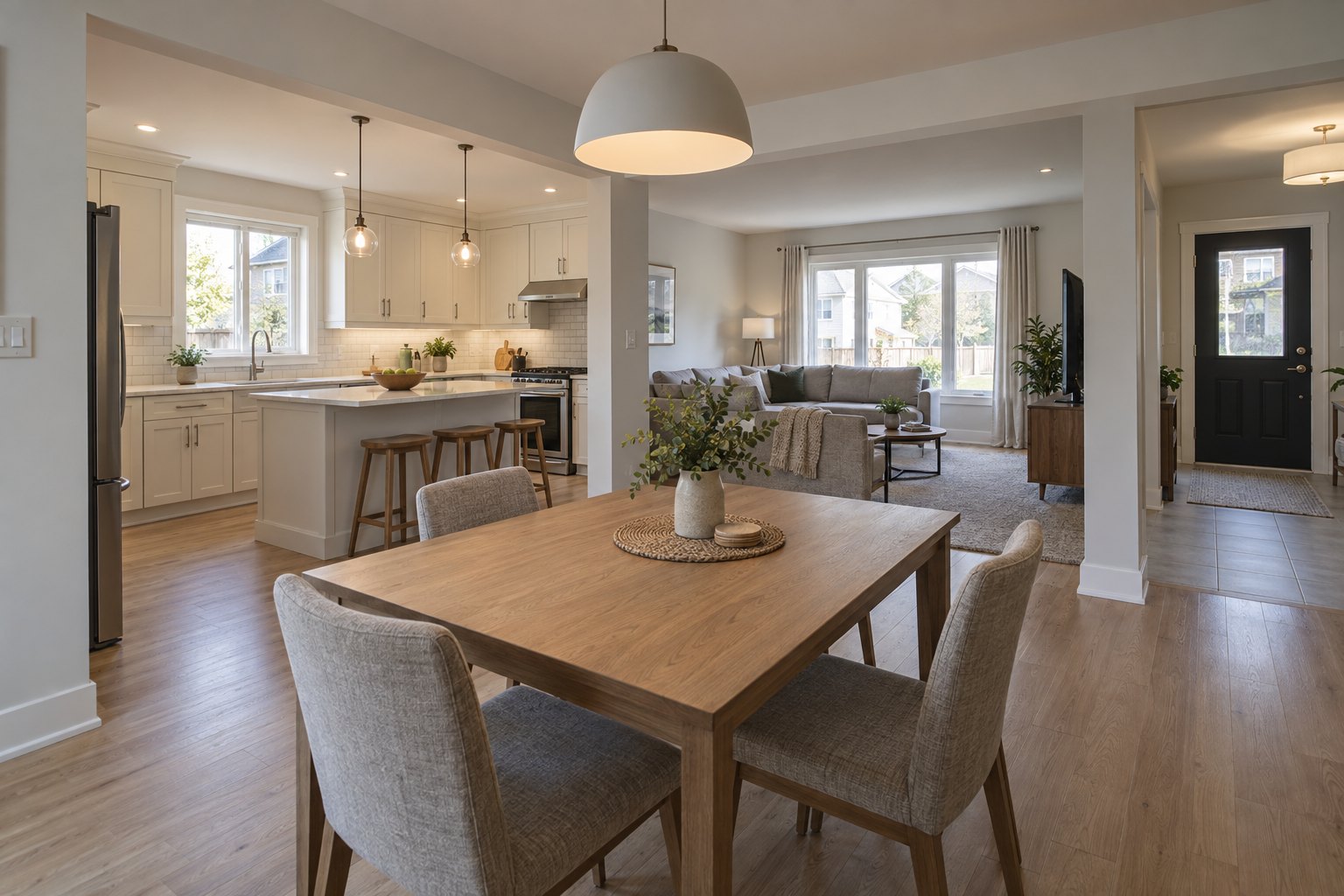 Open concept main floor after a remodel Open concept main floor of an Ottawa home after a remodel, with the kitchen, dining and living areas sharing continuous oak flooring