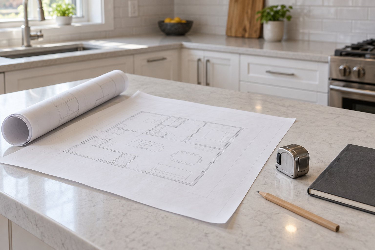 Blank floor plan drawings, a tape measure, a pencil and a notebook laid out on a kitchen counter