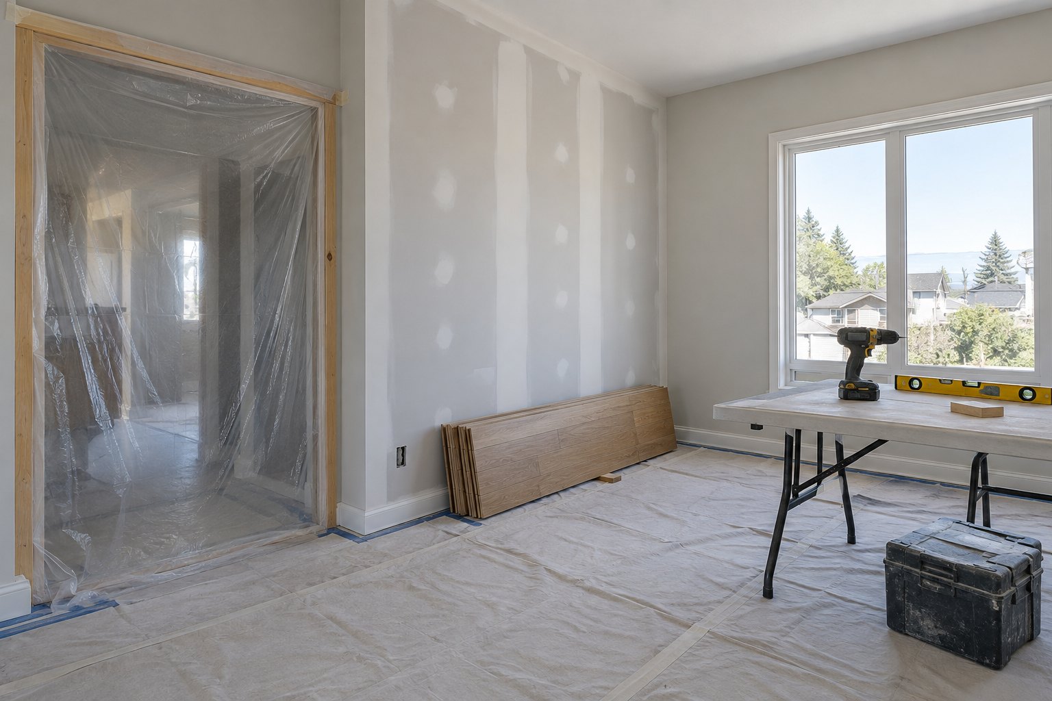 Interior renovation work area with canvas drop sheets on the floor, a doorway closed off with plastic sheeting, taped drywall and a folding work table