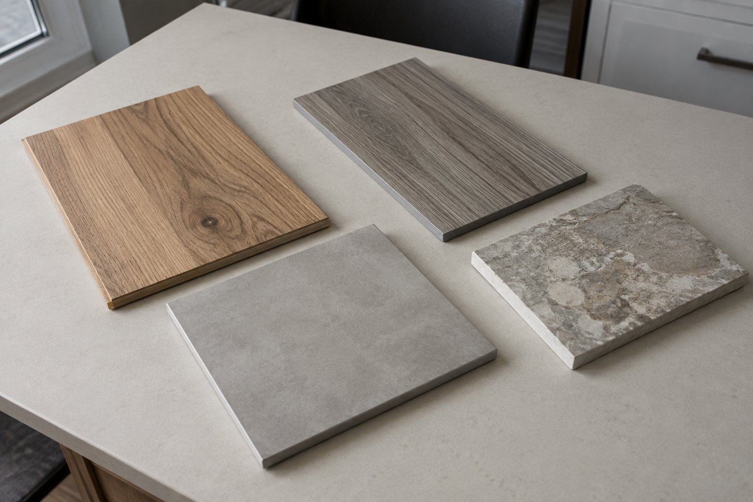 Illustrative selection of wood, vinyl, tile and stone flooring samples
