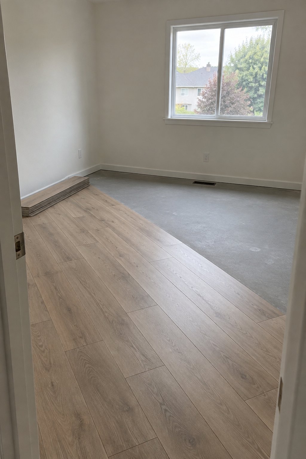 Illustrative room with vinyl plank flooring partly installed