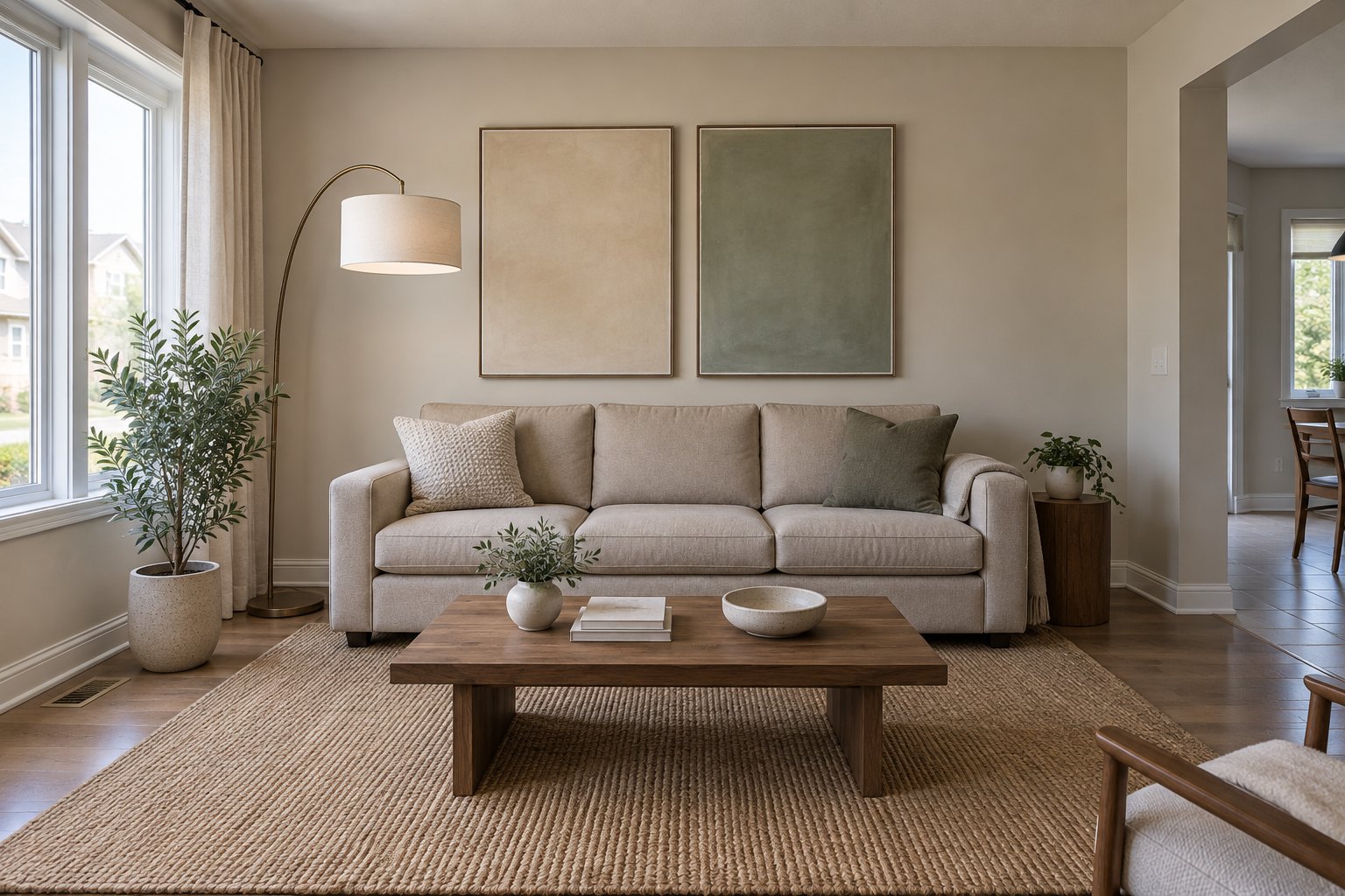 Styled living room interior Styled living room with a neutral sofa, walnut coffee table, jute rug and linen curtains at a daylit window