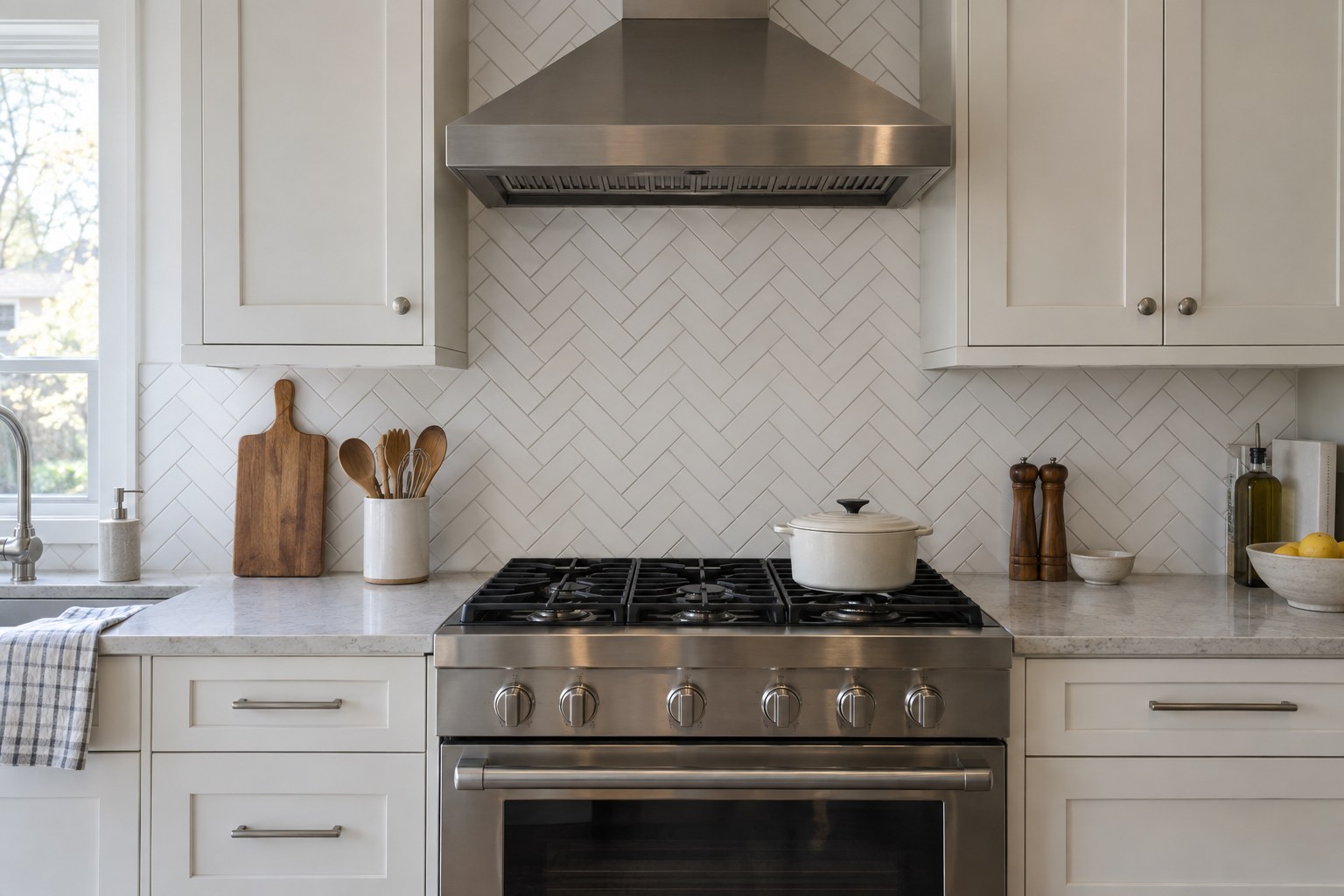 White herringbone tile backsplash behind a range in a residential kitchen