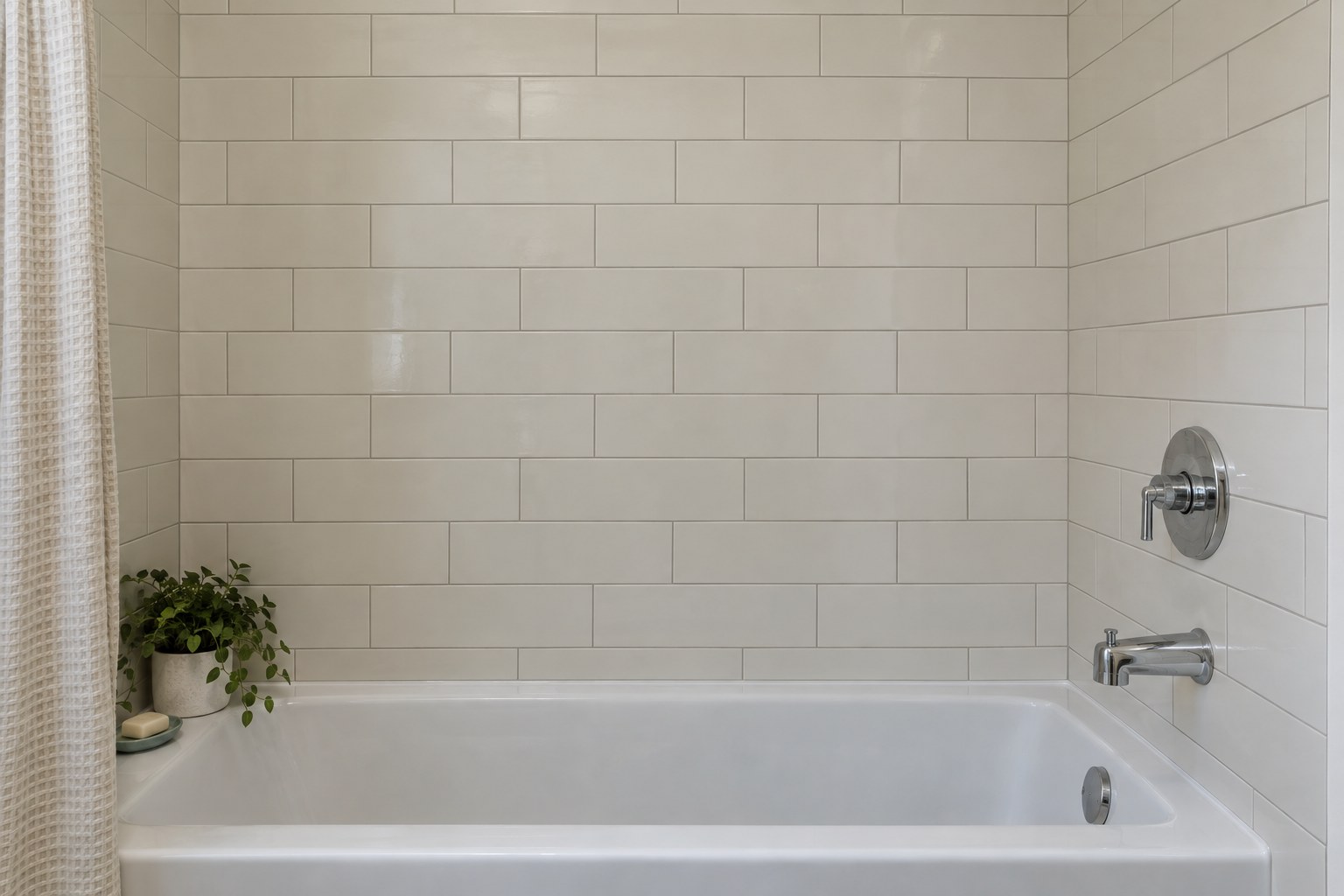 White running bond tiles surrounding a bathtub, showing the tiled inside corner and the narrow joint along the tub rim